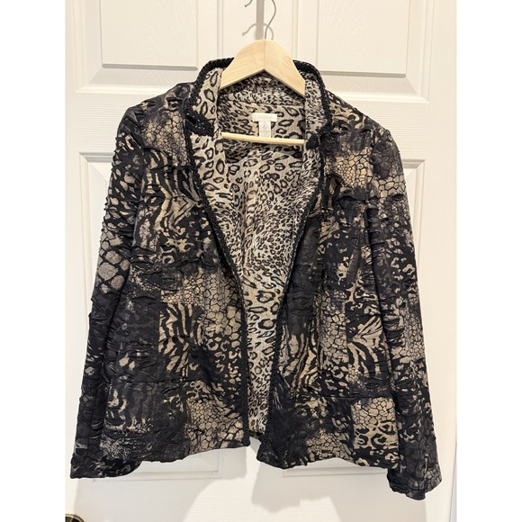 Chico's Jackets & Blazers - Chico's Animal Print Textured Collared Jacket Black Beige Women's Size 2
